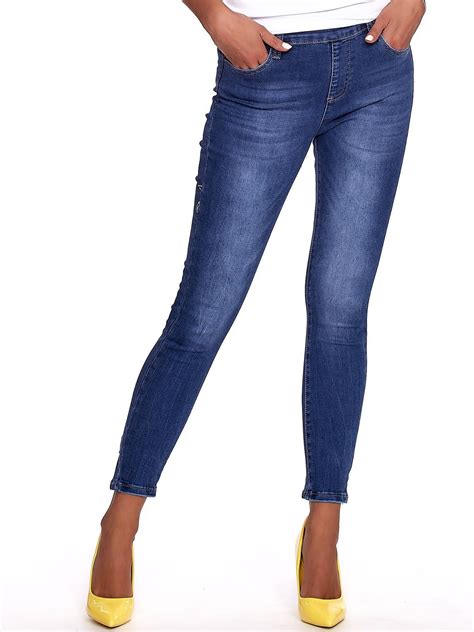 Niebieskie Jeansy Damskie Slim Fit Z Suwakiem Z Tyłu Spodnie Jeansowe