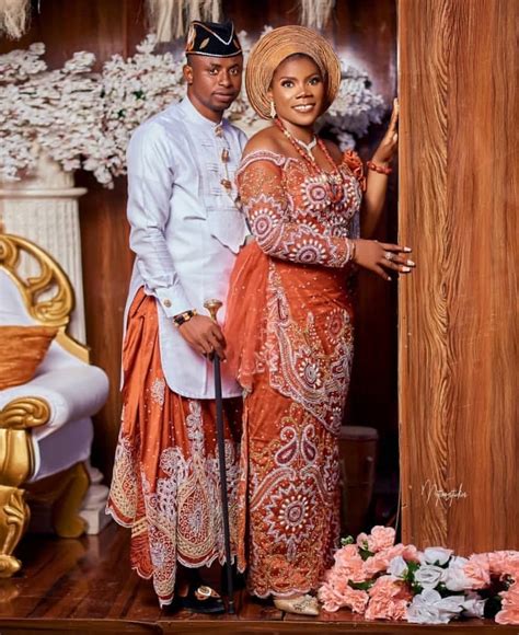 Brown Igbo Couple Matching Wedding Attire Beaded Indian George Outfit