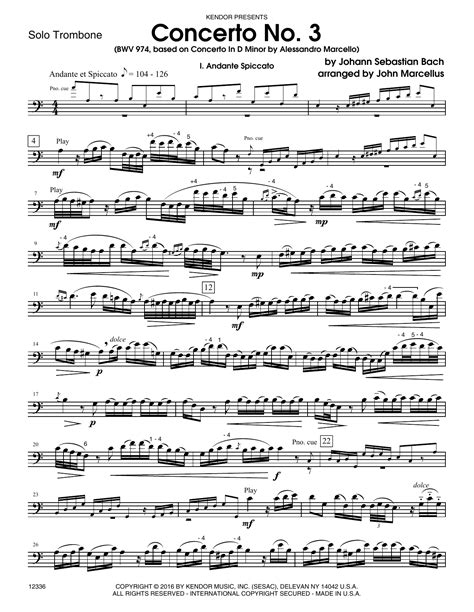 Concerto No 3 Bwv 974 Based On Concerto In D Minor By Alessandro Marcello Trombone Noten