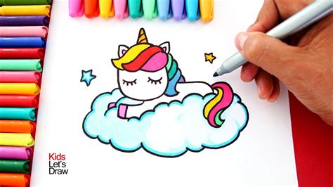 Learn To Draw A Rainbow Unicorn On A Cloud Kawaii Style Kidsletsdraw