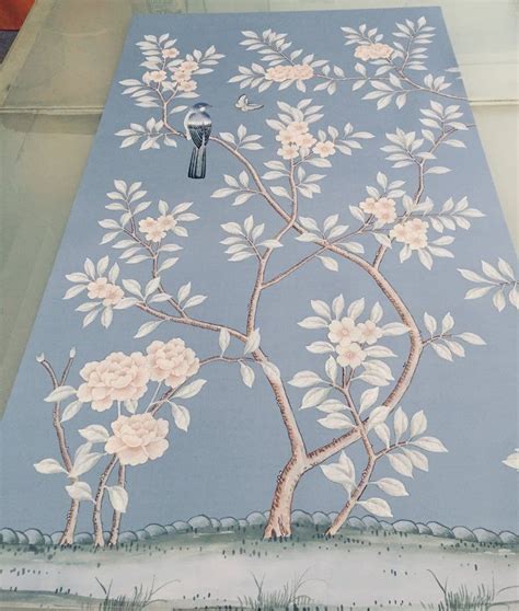 Chinoiserie Handpainted Artwork On Sky Blue Silk Panel Size Etsy