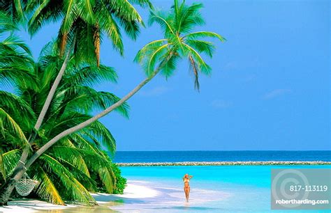 Woman On Tropical Beach Maldives Stock Photo