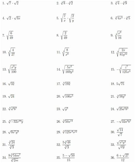 Simplify Radicals Worksheet Algebra 2