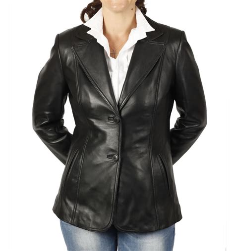 hip length and shaped ladies black leather blazer from simons leather