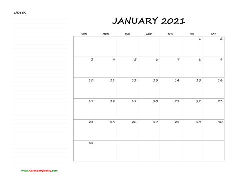 Monthly Blank Calendar 2021 With Notes Calendar Quickly