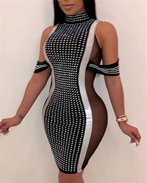 Hot Drilling Mesh Splice Bodycon Dress Vestido Body Con Vestidos Con