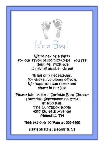 Start party planning like a pro! 3rd baby boy shower invitations wording | Boy Footprints ...