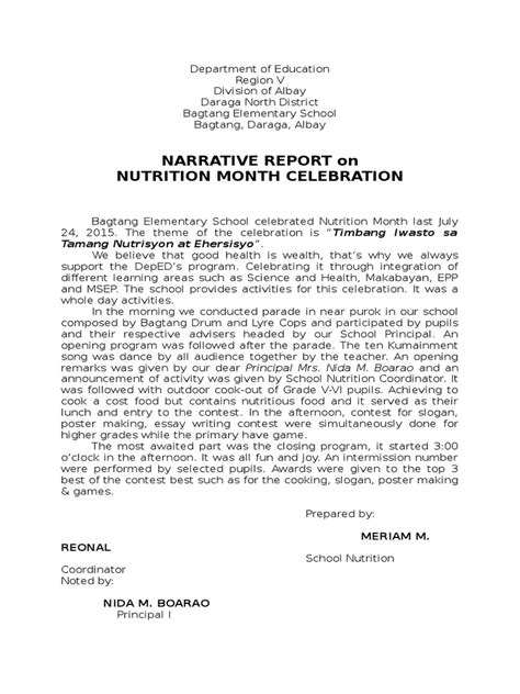 Sample Narrative Report On Nutrition Month 2015