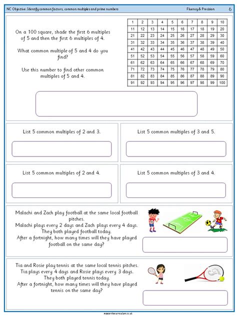 Identify Common Factors Common Multiples And Prime Numbers Worksheet