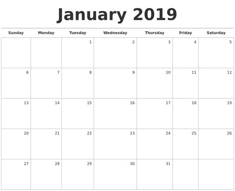 January 2019 Blank Monthly Calendar