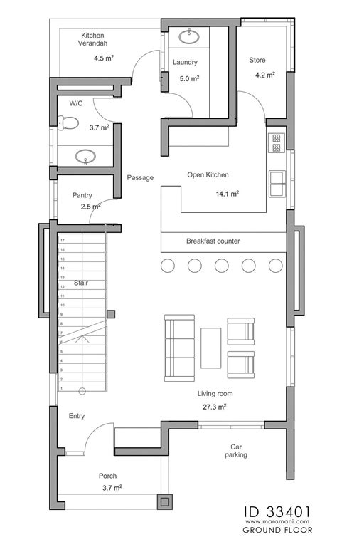 3 Bedroom House Plan with roof deck - ID 33401 in 2024 | House plans