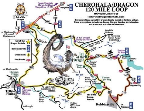The tail of the dragon, a popular motorcycle and sports car road, is famous for its 318 curves in eleven miles. Location - Tail of the Dragon Vacation Rentals on the ...
