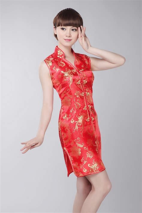 Chinese Traditional Red Dress Womens Silk Satin Mini Cheongsam Size S 3xl In Cheongsams From