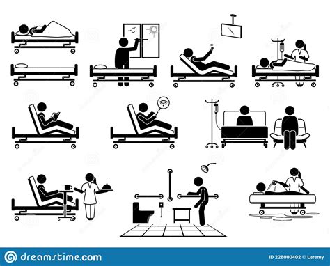 Patient At Hospital Room With Many Facilities Stick Figure Pictogram