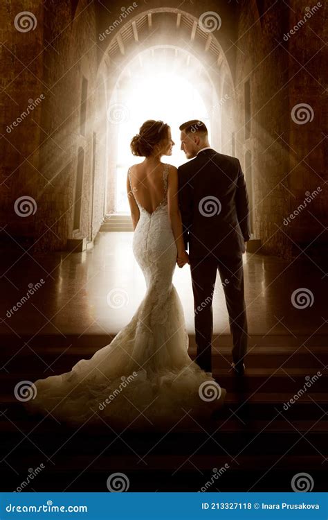 Wedding Couple In Love Back View Walking Down Aisle Church Newly