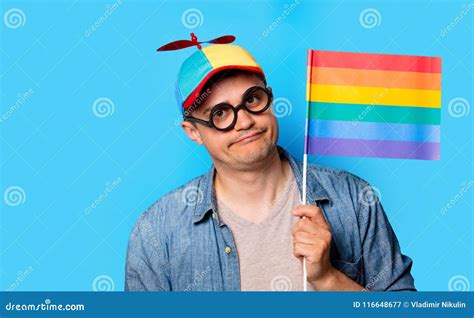 Nerd Man With Noob Hat Holding A Rainbow Flag Stock Image Image Of