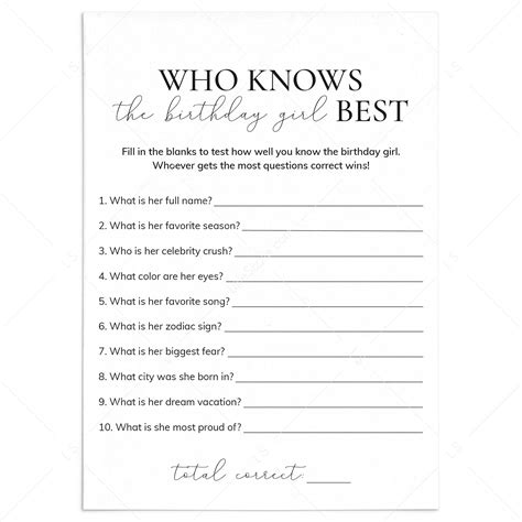 printable who knows the birthday girl best quiz instant download littlesizzle