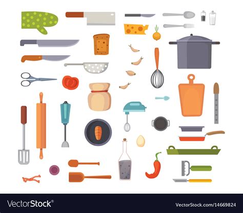 Set Kitchen Utensils Cooking Tools Flat Royalty Free Vector