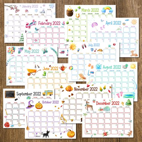 Printable Calendars Printable Kids Calendars 2022 Calendars Etsy