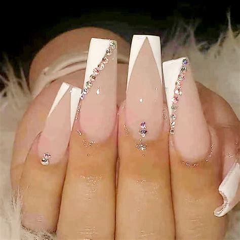 Travelwant Fake Nails Glossy Pure Color Nude Rhinestones Glitter Luxury
