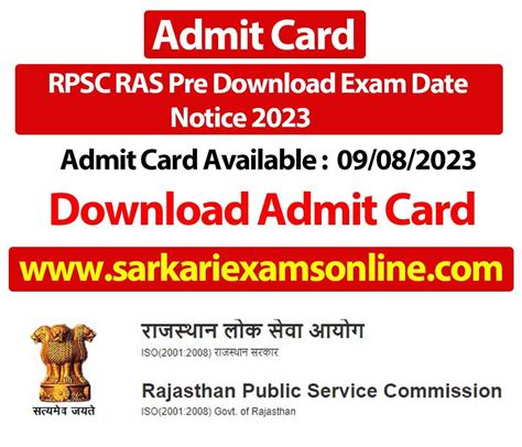 Rpsc Ras Pre Admit Card 2023 Out Direct Download Link