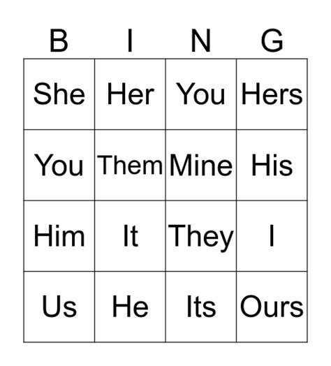 Pronoun Bingo Bingo Card