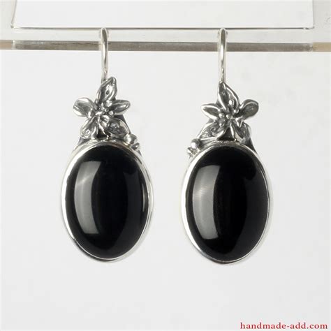 Dangling Earrings Sterling Silver Onyx Black Floral
