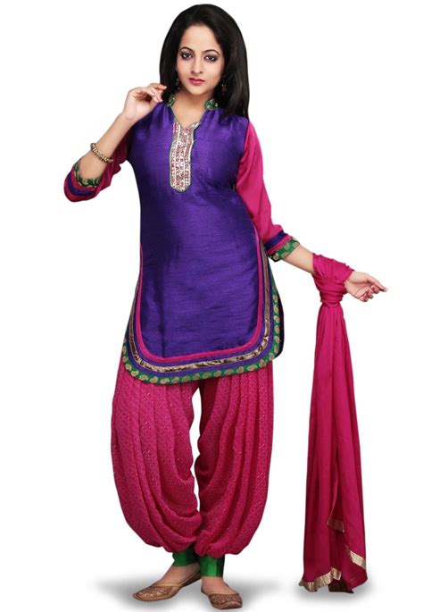 Embroidered Dupion Silk Punjabi Suit In Purple And Pink Kjn353