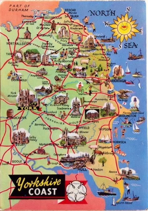 Yorkshire Coast Illustrated Postcard England Map Yorkshire