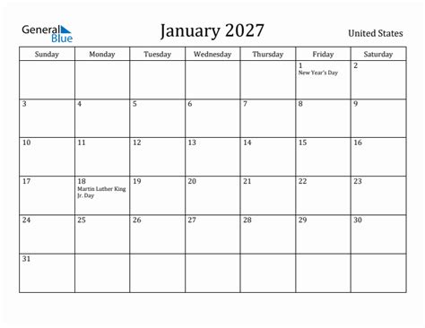 January 2027 Monthly Calendar With United States Holidays
