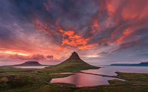 Iceland Kirkjufell Mountain Summer Sky Clouds Sunset Wallpaper