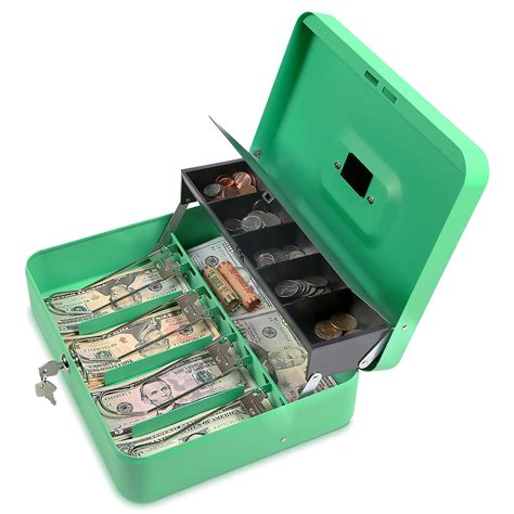 Cash Box With Key Lock Steel Tiered Money Coin Tray With Lid Cover