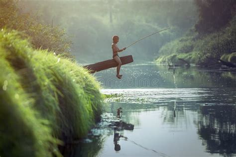 Asian Boy Fishing At The River Stock Photo Image Of Background Catch