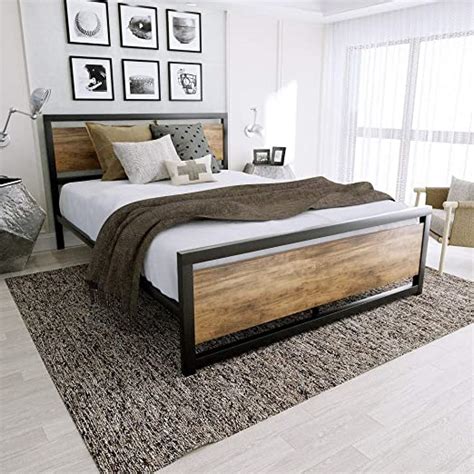 Amooly Metal Wood Bed Headboard Platform Bed Frame Easy Assembly No Box