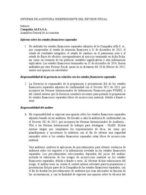 Informe De AuditorÍa Independiente Del Revisor Fiscal Con Salvedades
