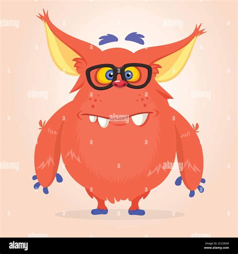 Vector Cartoon Of A Red Fat And Fluffy Halloween Monster With Big Ears