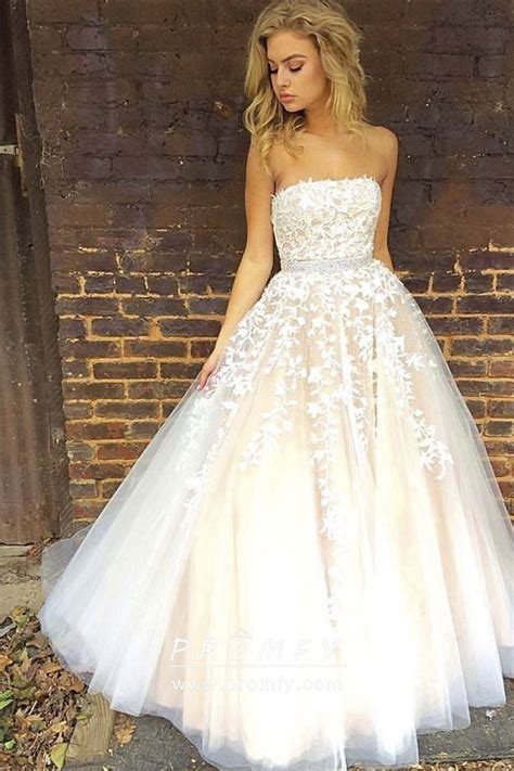 Strapless Lace Appliqued White Tulle Overlay Champagne Engagement Ball
