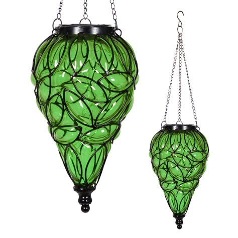 Exhart Tear Shaped Solar Green Glass Hanging Lantern With 12 Led Firefly String 93335131761 Ebay