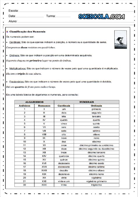 Classifica O Dos Numerais Atividades De Portugu S Ano Educa O E Transforma O