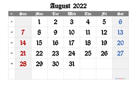 August Calendar 2022 Printable 