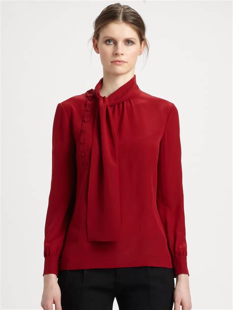 Lyst Saint Laurent Silk Tie Neck Blouse In Red