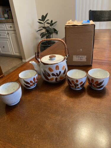 Vintage Japan Mci Teapot Set With 4 Cups Rattan Handle And Orginal Box