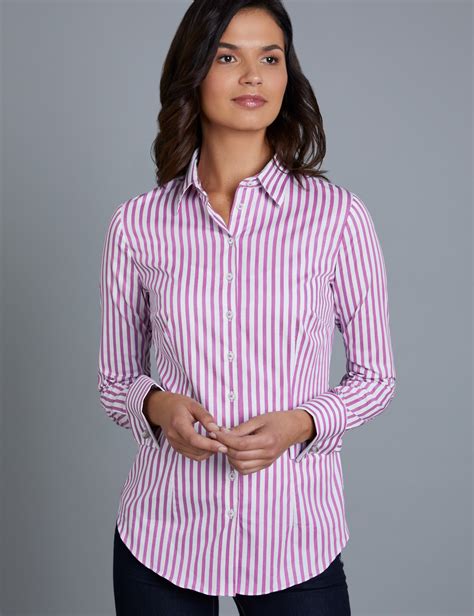 women s pink and white stripe fitted shirt with contrast detail double cuff hawes and curtis