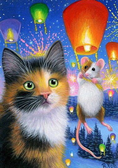Calico Kitten Cat Mouse New Year Lanterns Fireworks Night Original Aceo