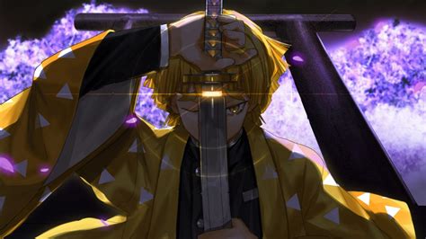 Demon Slayer Zenitsu Agatsuma With Weapon And Yellow Eyes With Background Of Purple Lighting