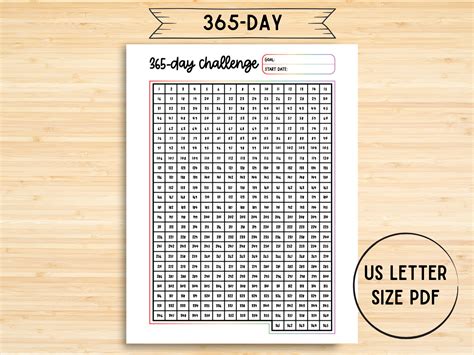 365 Day Challenge Printable Us Letter Tracker Sheet Habit Exercise Activity Productivity