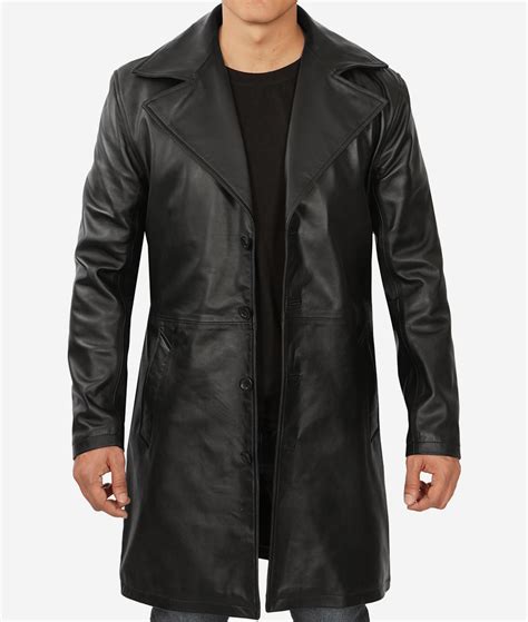 Long Black Leather Coat Mens Peak Lapel Coat