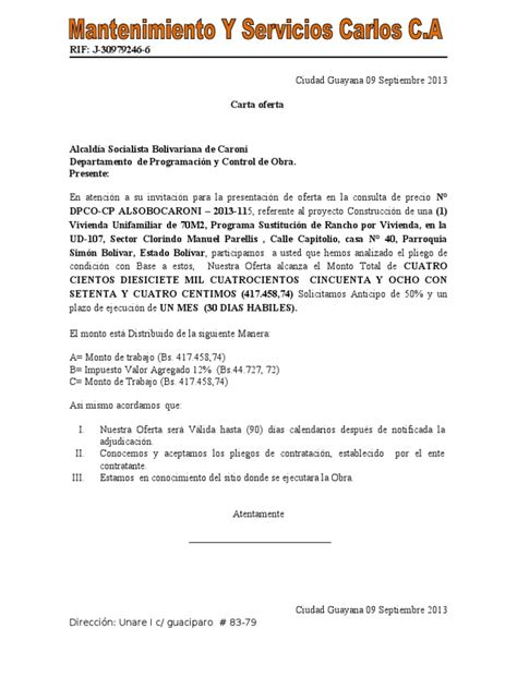 Carta Oferta Mantenimiento Y Sevicios Carlos Ca
