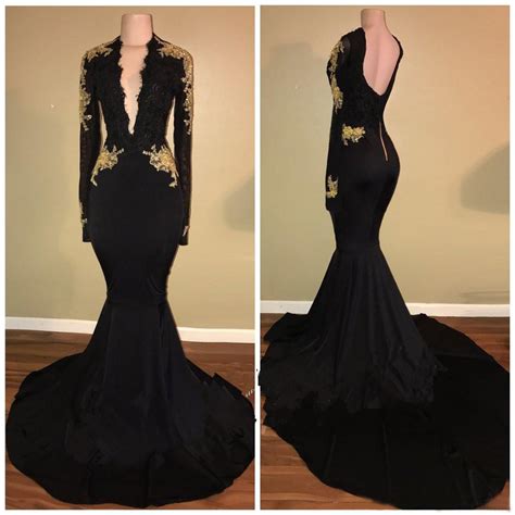 Elegant Black Mermaid Evening Dress Gold Lace Elastic Satin Long Sleeve Prom Gowns 2019 New