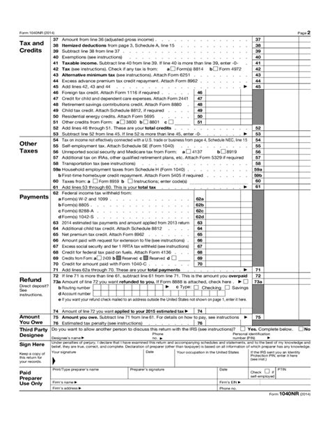 Form 1040 Nr Us Nonresident Alien Income Tax Return Form 2014